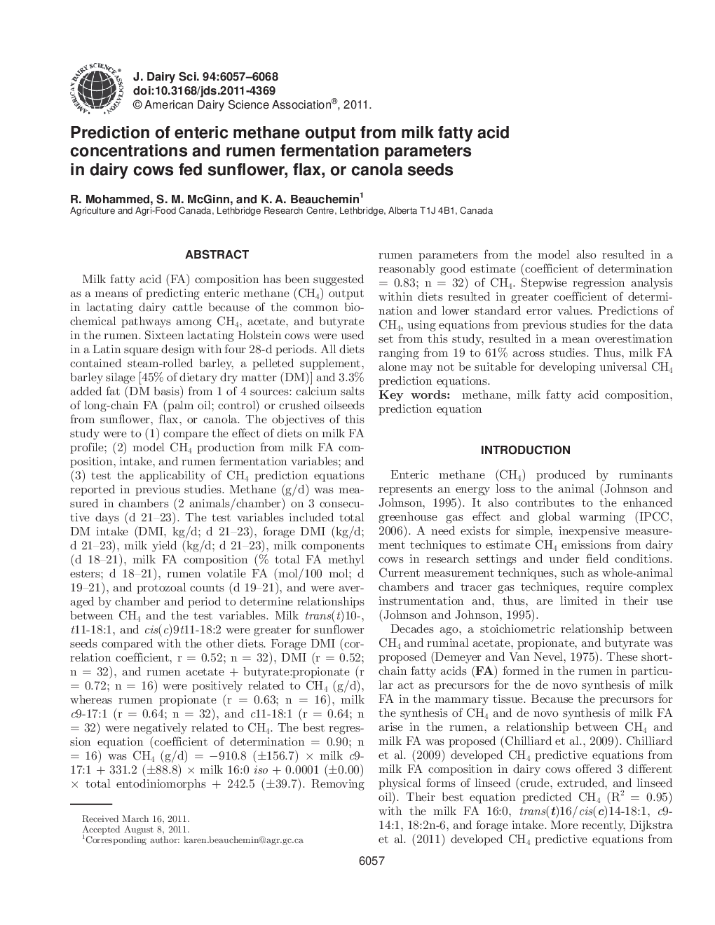 Prediction of enteric methane output from milk fatty acid concentrations and rumen fermentation parameters in dairy cows fed sunflower, flax, or canola seeds