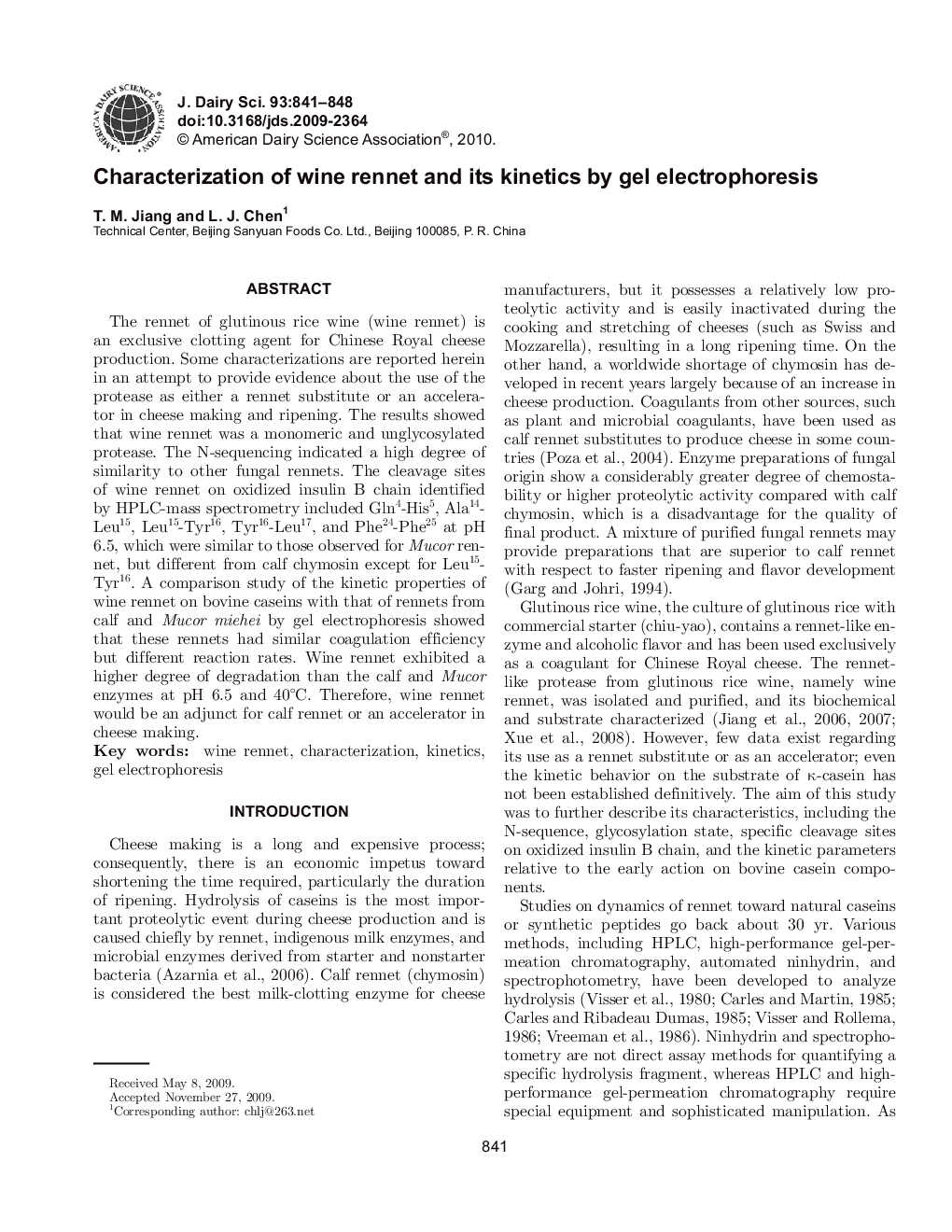 Characterization of wine rennet and its kinetics by gel electrophoresis