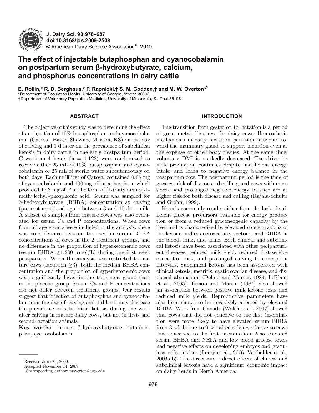 The effect of injectable butaphosphan and cyanocobalamin on postpartum serum Î²-hydroxybutyrate, calcium, and phosphorus concentrations in dairy cattle