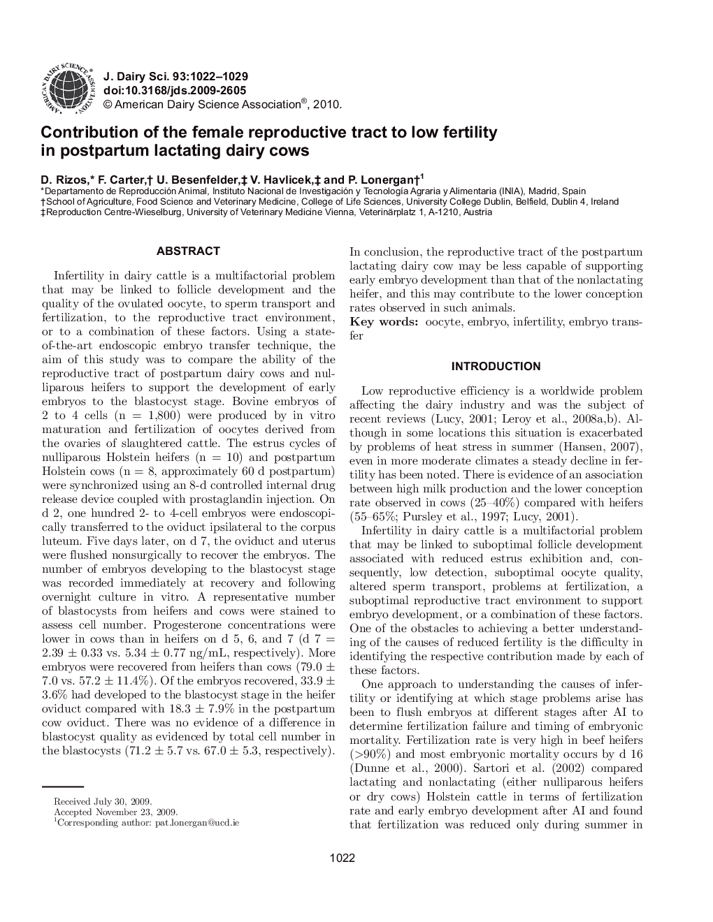 Contribution of the female reproductive tract to low fertility in postpartum lactating dairy cows