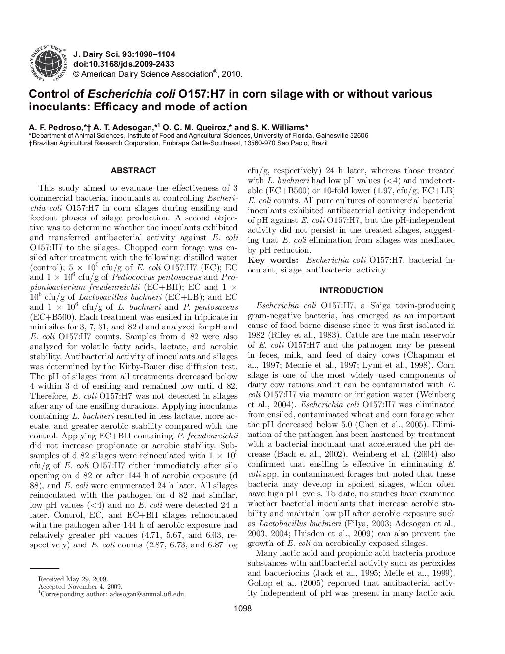 Control of Escherichia coli O157:H7 in corn silage with or without various inoculants: Efficacy and mode of action