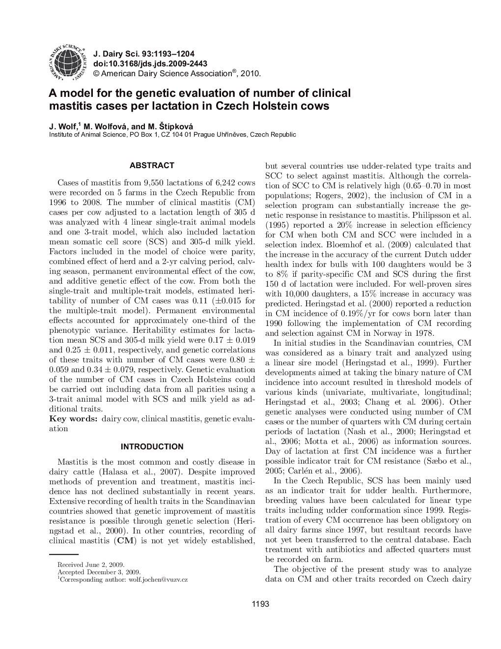 A model for the genetic evaluation of number of clinical mastitis cases per lactation in Czech Holstein cows