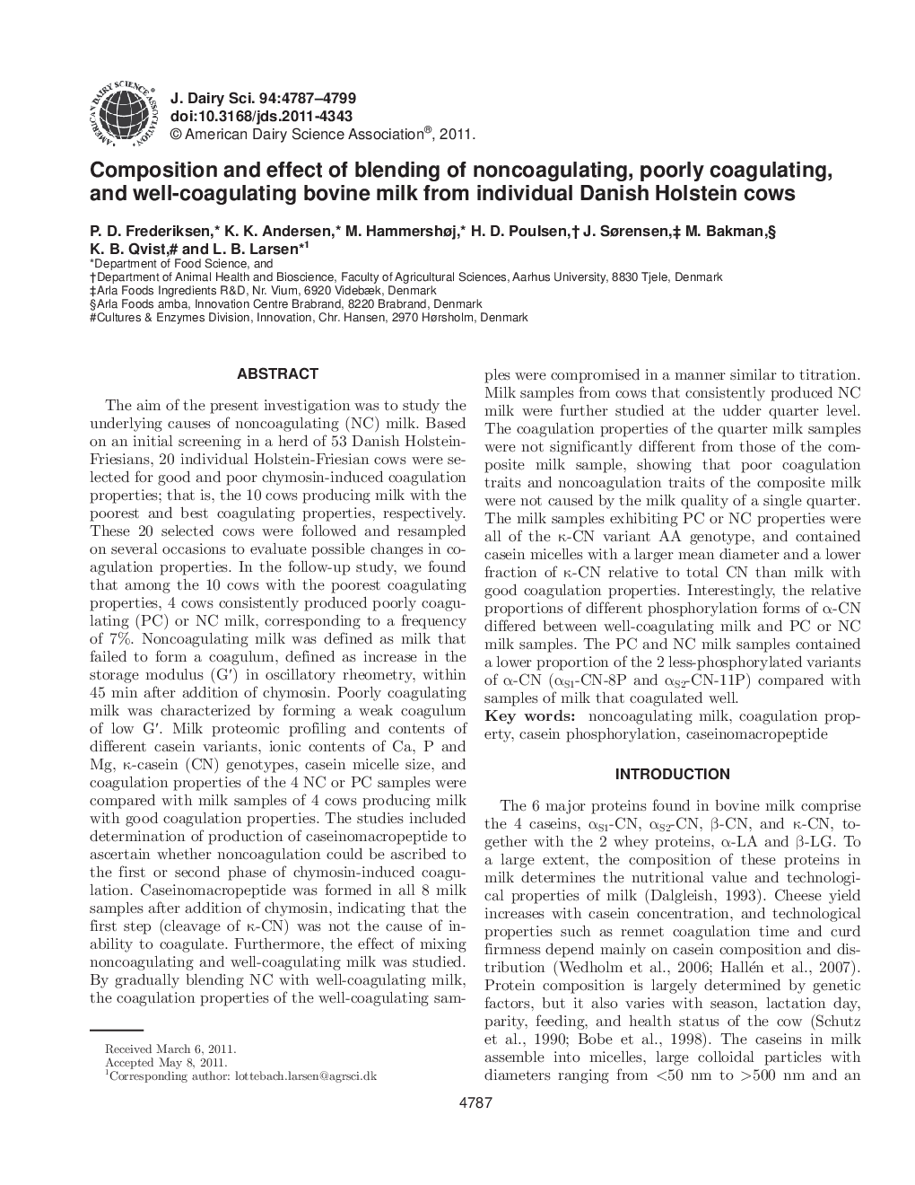 Composition and effect of blending of noncoagulating, poorly coagulating, and well-coagulating bovine milk from individual Danish Holstein cows