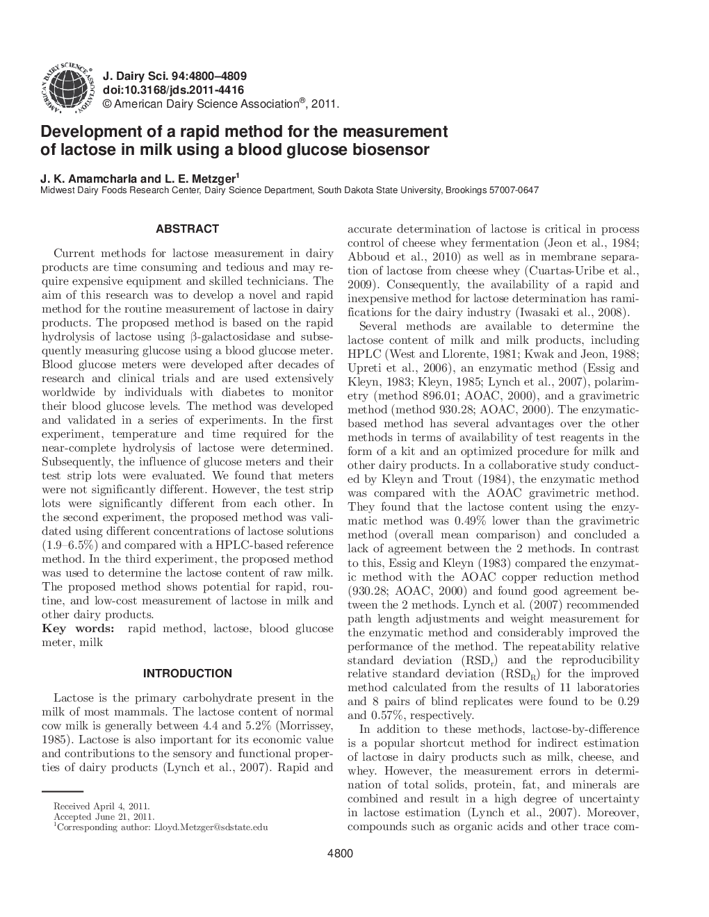 Development of a rapid method for the measurement of lactose in milk using a blood glucose biosensor