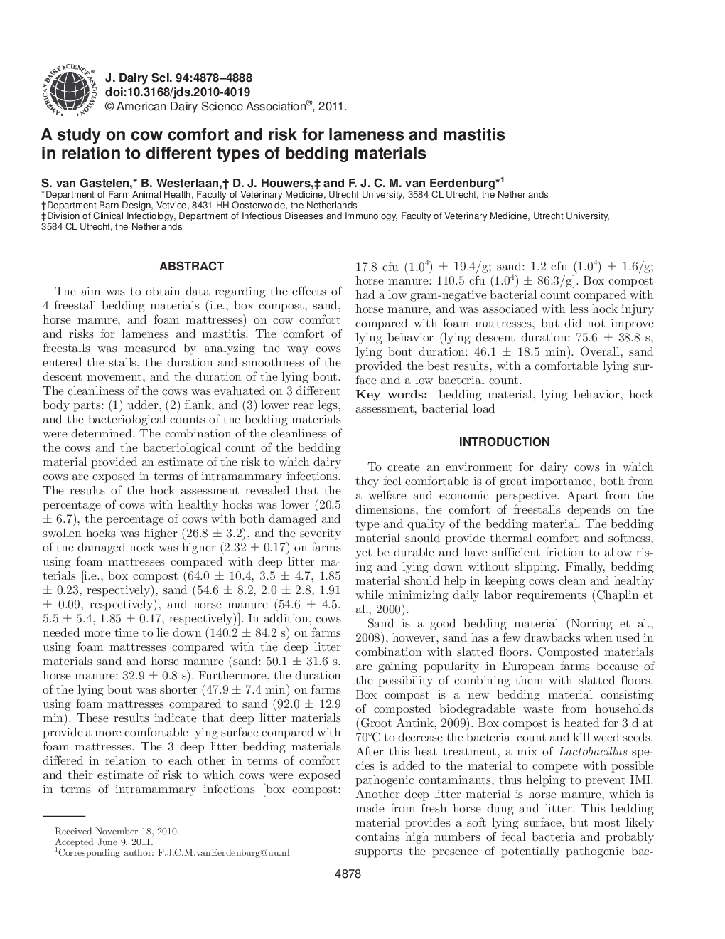 A study on cow comfort and risk for lameness and mastitis in relation to different types of bedding materials