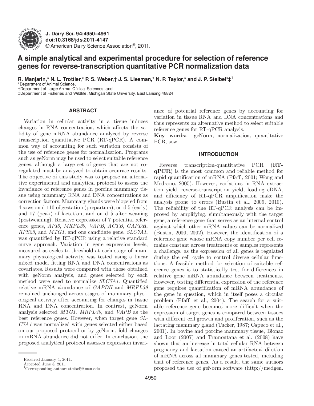 A simple analytical and experimental procedure for selection of reference genes for reverse-transcription quantitative PCR normalization data