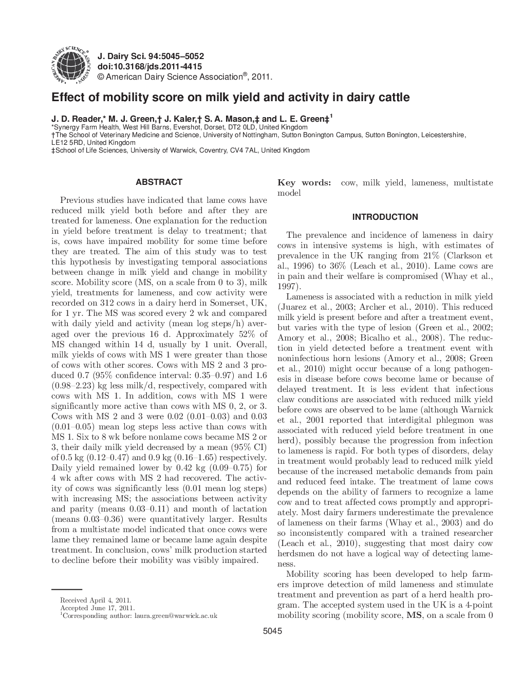 Effect of mobility score on milk yield and activity in dairy cattle