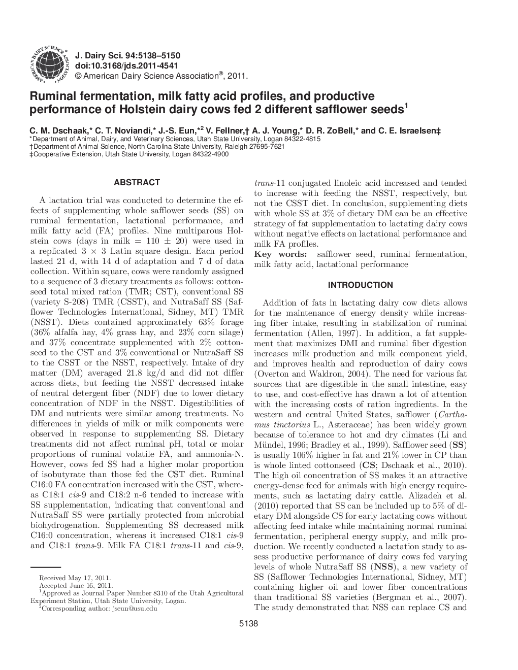 Ruminal fermentation, milk fatty acid profiles, and productive performance of Holstein dairy cows fed 2 different safflower seeds1