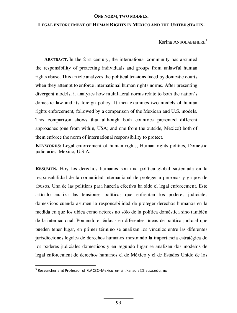 ONE NORM, TWO MODELS. LEGAL ENFORCEMENT OF HUMAN RIGHTS IN MEXICO AND THE UNITED STATES