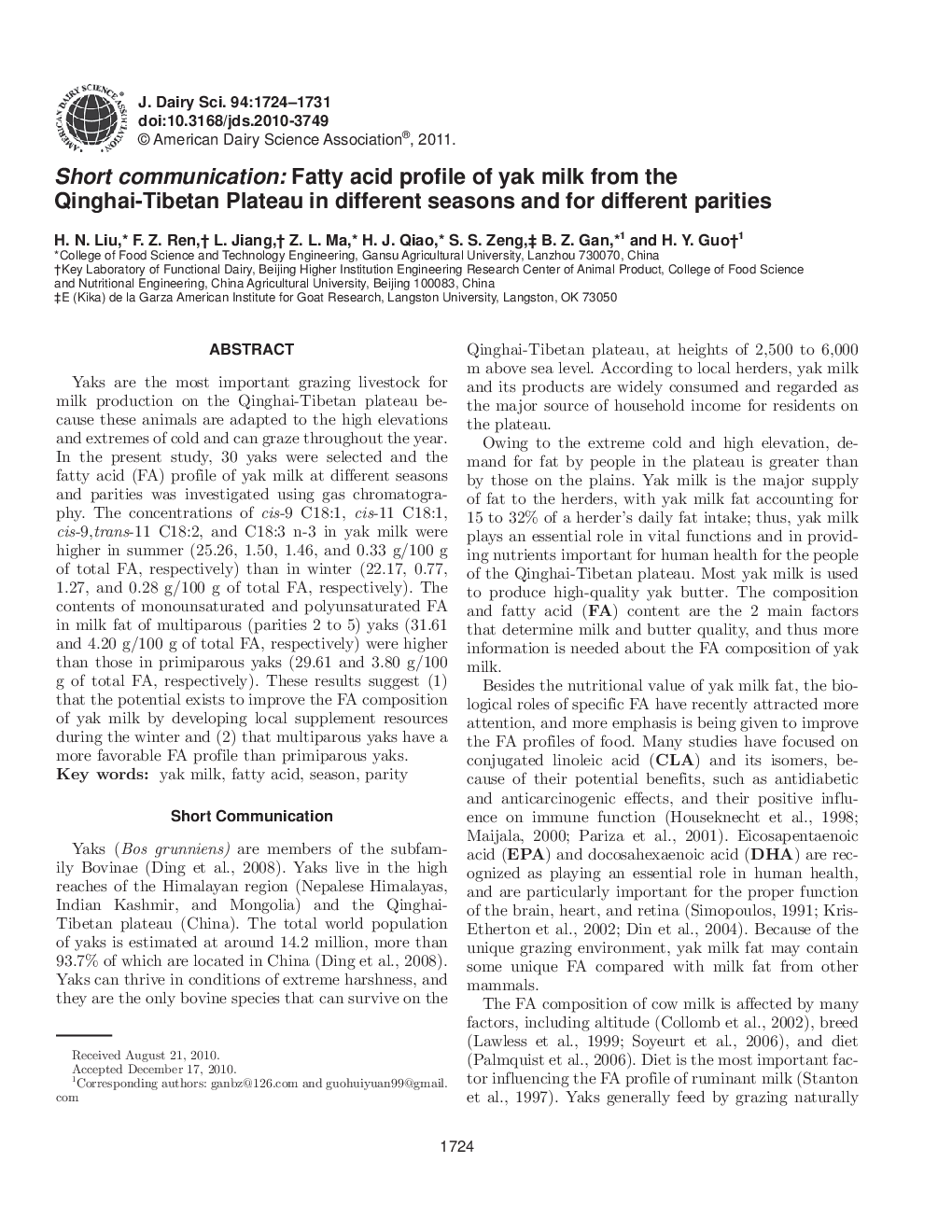 Short communication: Fatty acid profile of yak milk from the Qinghai-Tibetan Plateau in different seasons and for different parities