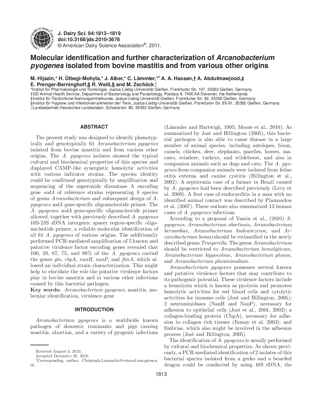 Molecular identification and further characterization of Arcanobacterium pyogenes isolated from bovine mastitis and from various other origins