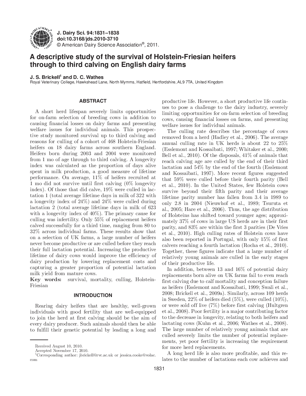 A descriptive study of the survival of Holstein-Friesian heifers through to third calving on English dairy farms