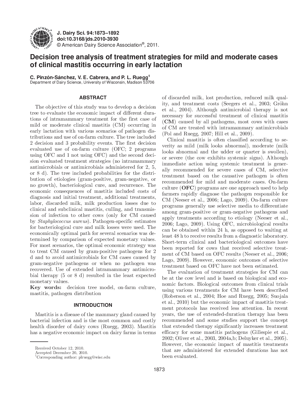 Decision tree analysis of treatment strategies for mild and moderate cases of clinical mastitis occurring in early lactation