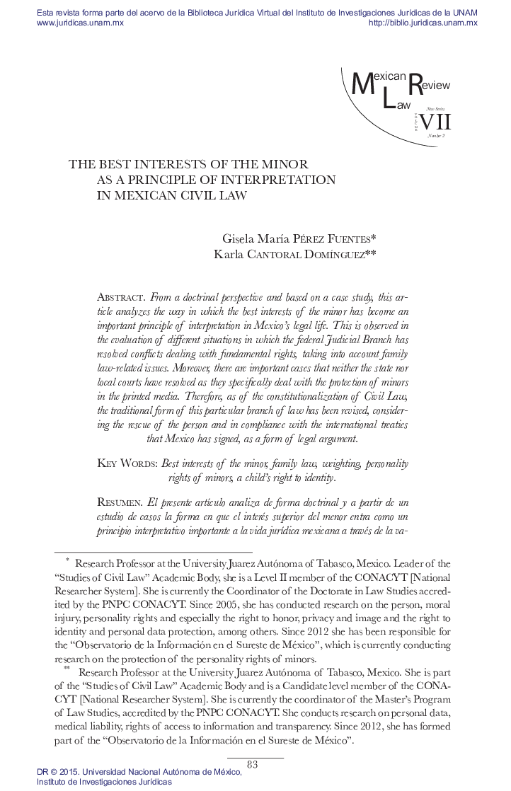 The best interests of the minor as a principle of interpretation in Mexican civil law