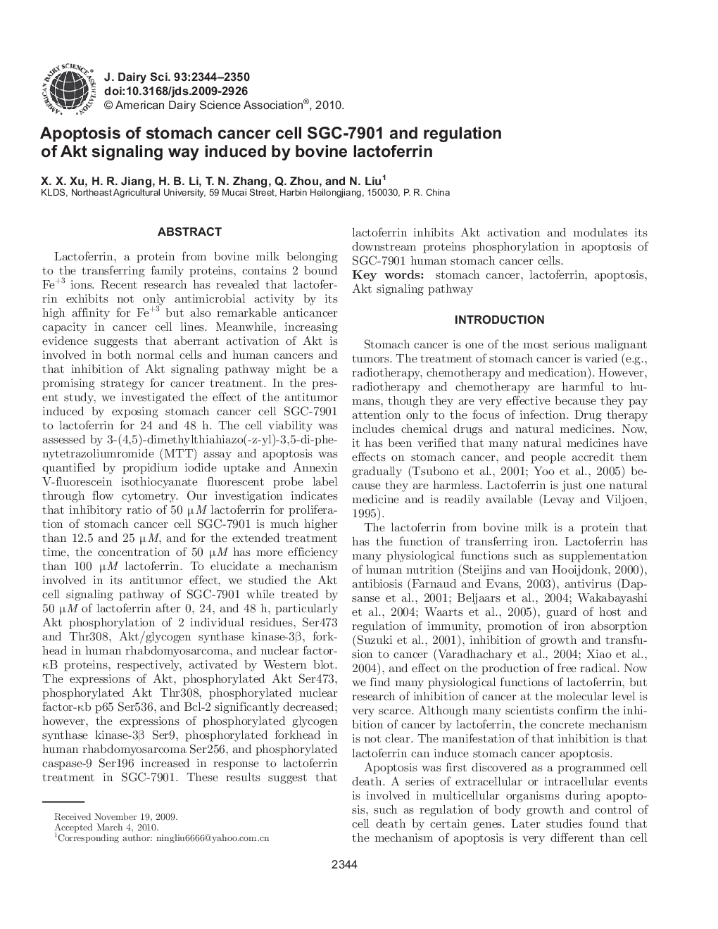 Apoptosis of stomach cancer cell SGC-7901 and regulation of Akt signaling way induced by bovine lactoferrin