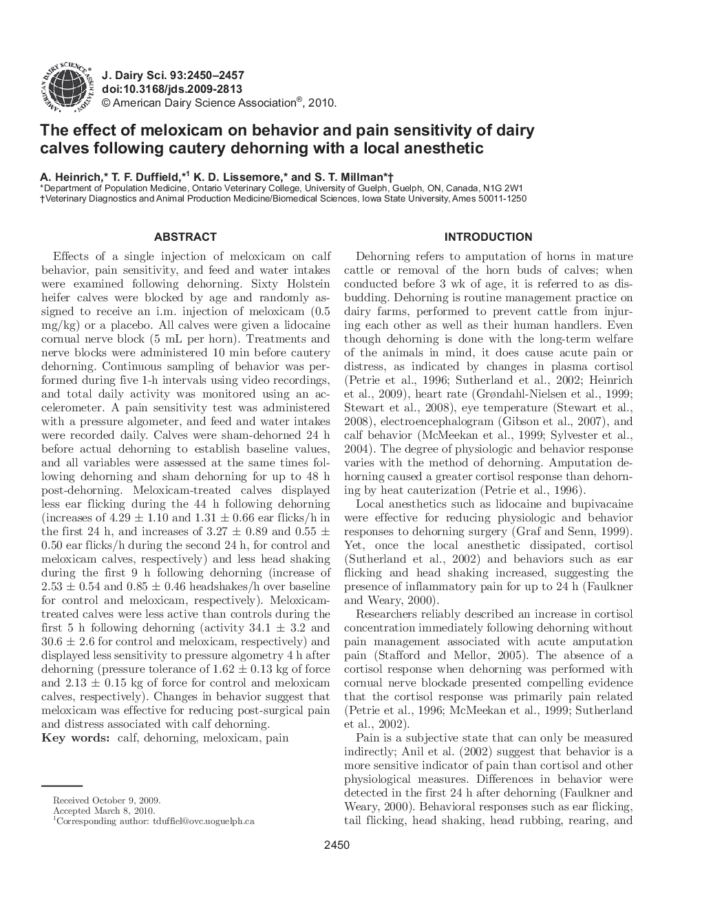 The effect of meloxicam on behavior and pain sensitivity of dairy calves following cautery dehorning with a local anesthetic