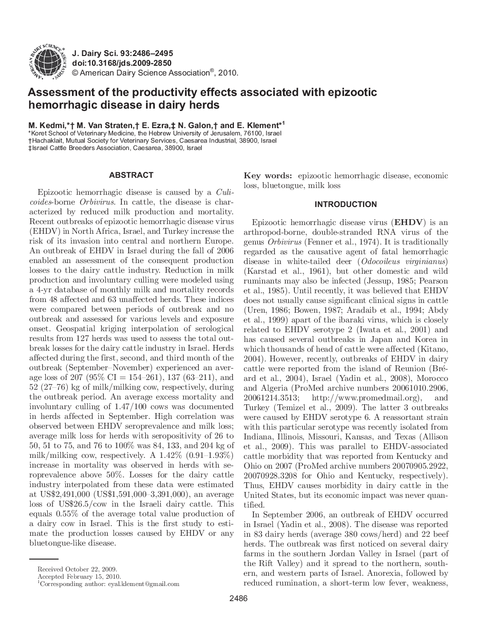 Assessment of the productivity effects associated with epizootic hemorrhagic disease in dairy herds