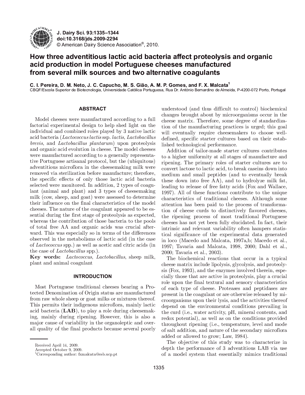 How three adventitious lactic acid bacteria affect proteolysis and organic acid production in model Portuguese cheeses manufactured from several milk sources and two alternative coagulants