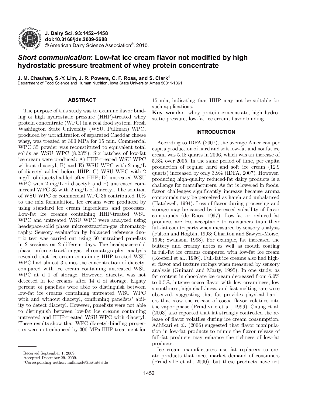 Short communication: Low-fat ice cream flavor not modified by high hydrostatic pressure treatment of whey protein concentrate