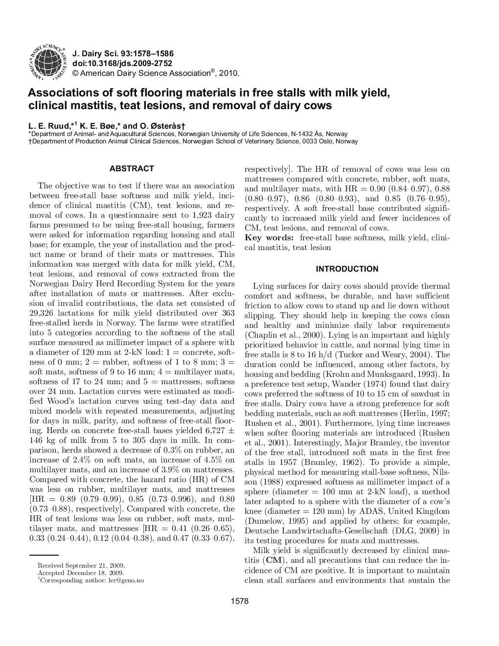 Associations of soft flooring materials in free stalls with milk yield, clinical mastitis, teat lesions, and removal of dairy cows