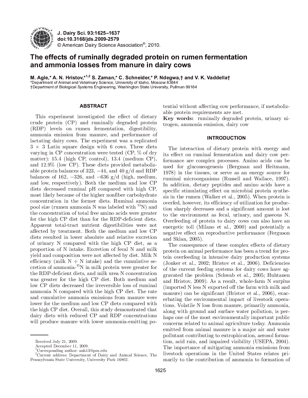 عکس صفحه اول مقاله: The effects of ruminally degraded protein on rumen fermentation and ammonia losses from manure in dairy cows The effects of ruminally degraded protein on rumen fermentation and ammonia losses from manure in dairy cows