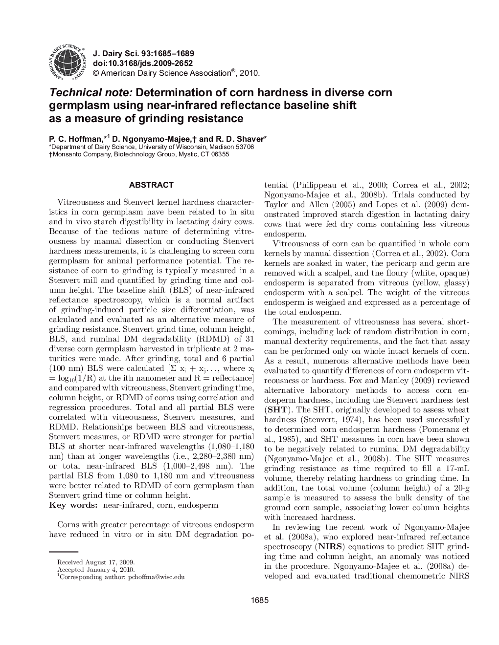 Technical note: Determination of corn hardness in diverse corn germplasm using near-infrared reflectance baseline shift as a measure of grinding resistance