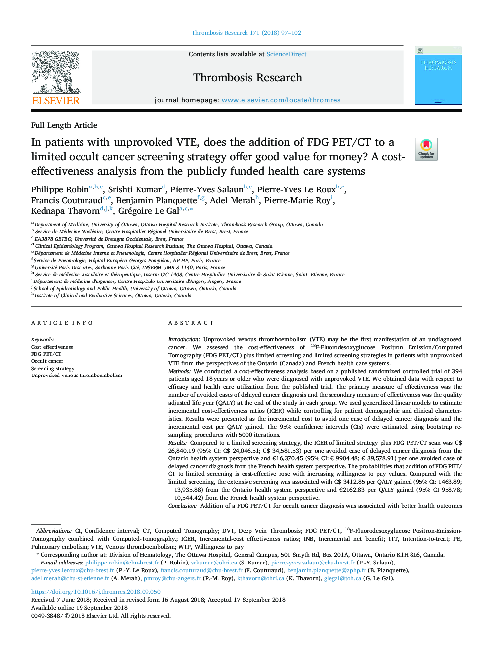 In patients with unprovoked VTE, does the addition of FDG PET/CT to a limited occult cancer screening strategy offer good value for money? A cost-effectiveness analysis from the publicly funded health care systems