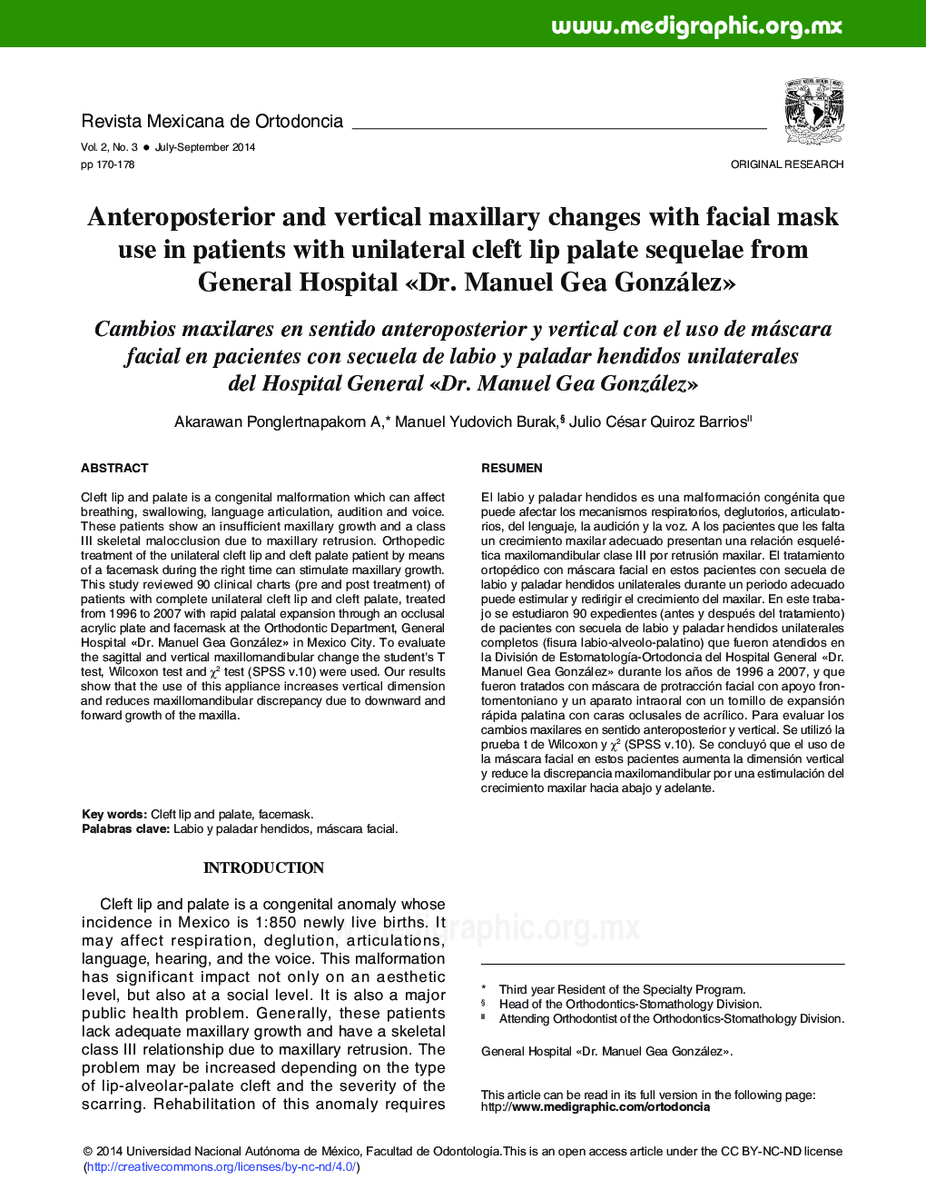 Anteroposterior and vertical maxillary changes with facial mask use in patients with unilateral cleft lip palate sequelae from General Hospital Â«Dr. Manuel Gea GonzálezÂ»