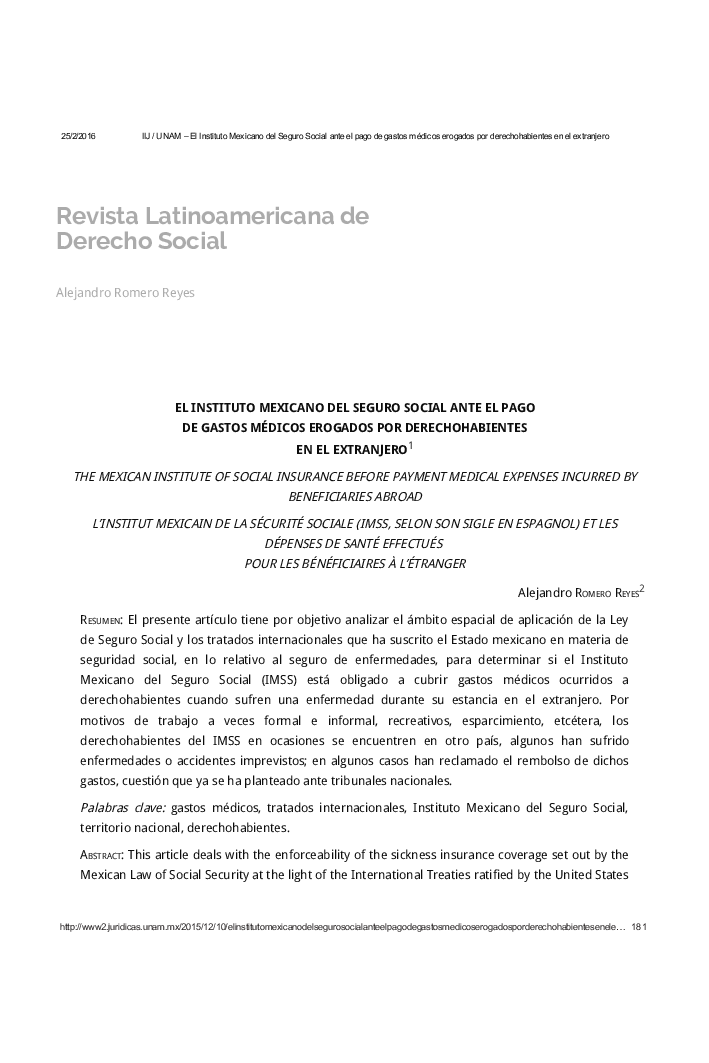 EL INSTITUTO MEXICANO DEL SEGURO SOCIAL ANTE EL PAGO DE GASTOS MÉDICOS EROGADOS POR DERECHOHABIENTES EN EL EXTRANJERO