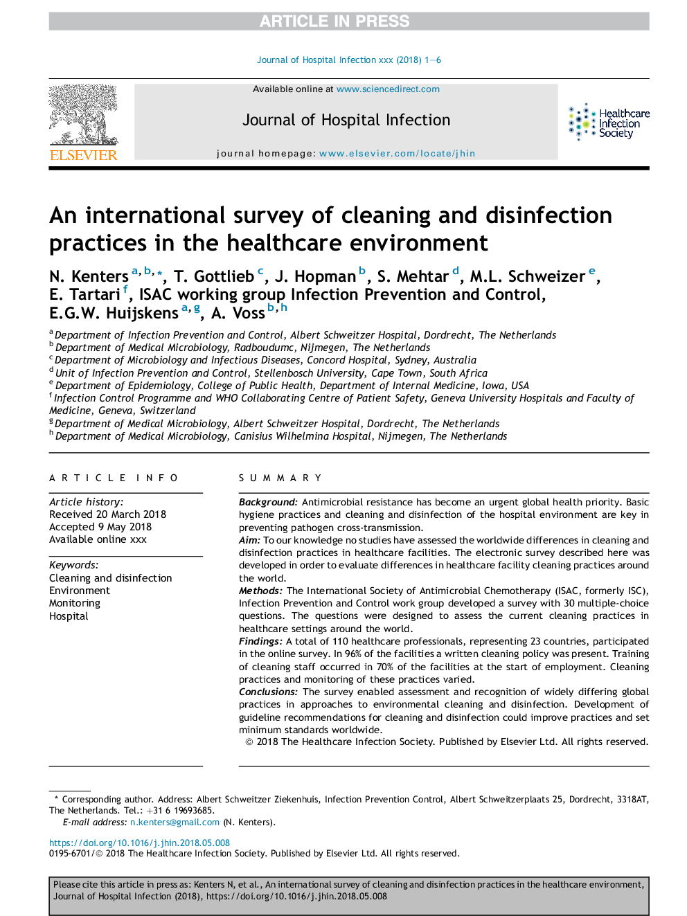 An international survey of cleaning and disinfection practices in the healthcare environment