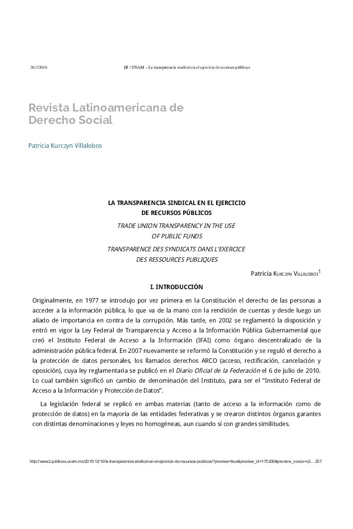 LA TRANSPARENCIA SINDICAL EN EL EJERCICIO DE RECURSOS PÃBLICOS