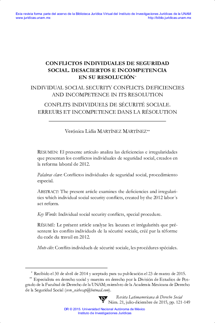 CONFLICTOS INDIVIDUALES DE SEGURIDAD SOCIAL. DESACIERTOS E INCOMPETENCIA EN SU RESOLUCIÓN1