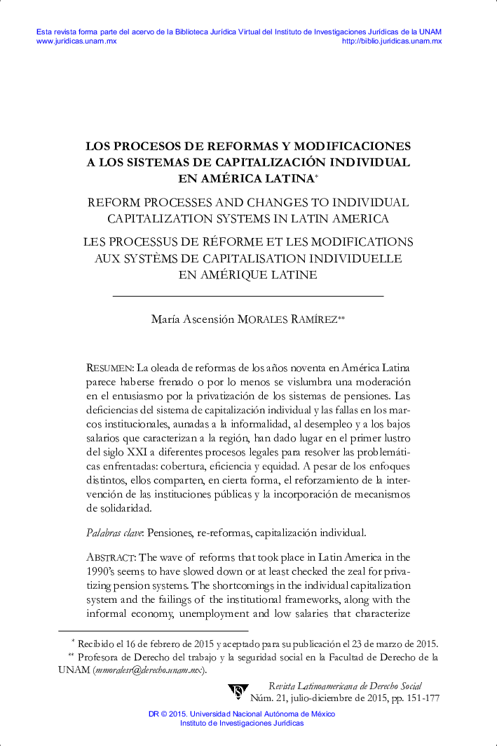 LOS PROCESOS DE REFORMAS Y MODIFICACIONES A LOS SISTEMAS DE CAPITALIZACIÓN INDIVIDUAL EN AMÉRICA LATINA1