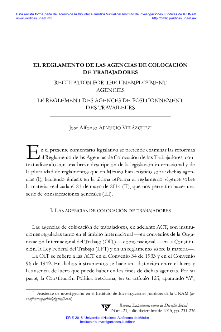 EL REGLAMENTO DE LAS AGENCIAS DE COLOCACIÃN DE TRABAJADORES