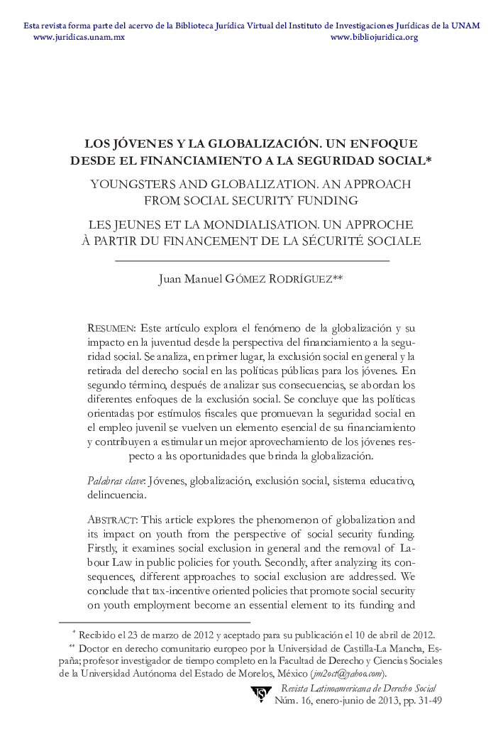 Los jóvenes y la globalización. un enfoque desde el financiamiento a la seguridad social