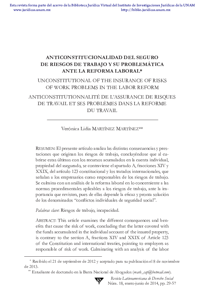 Anticonstitucionalidad del seguro de riesgos de trabajo y su problemática ante la reforma laboral