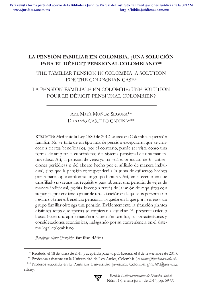 La pensión familiar en Colombia. Â¿Una solución para el déficit pensional colombiano?