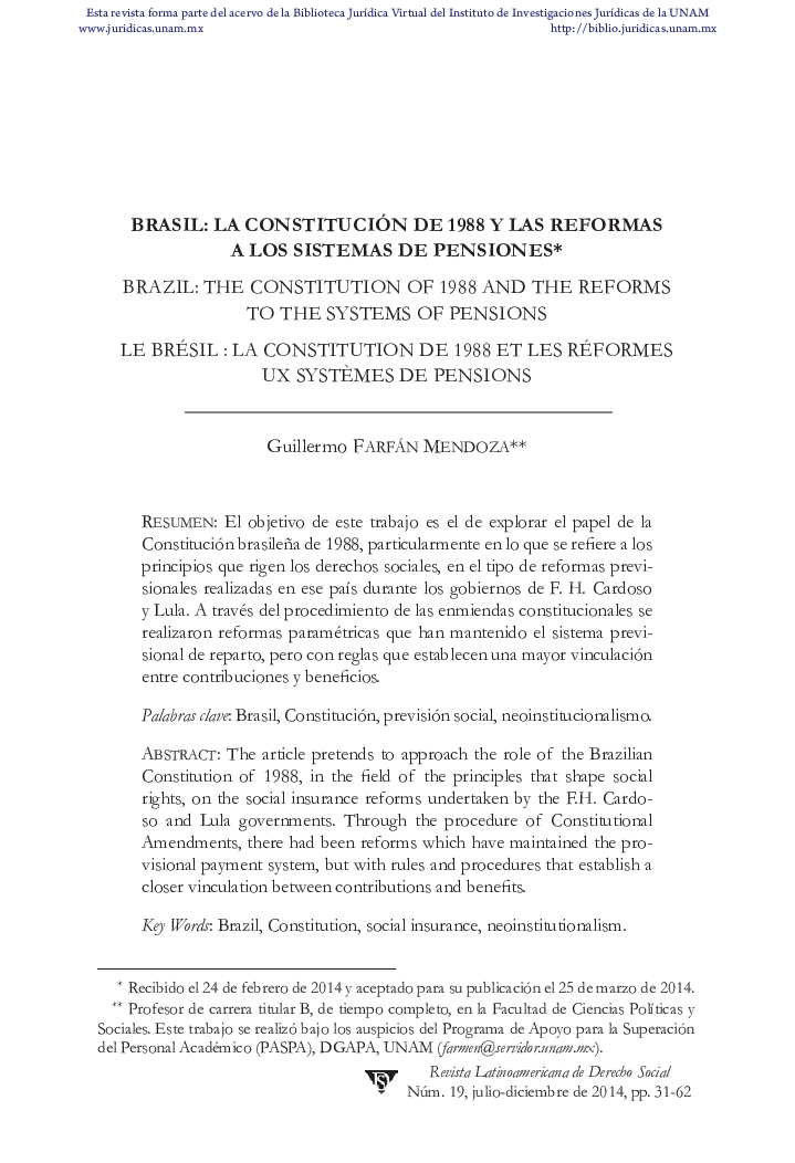 Brasil: La constitución de 1988 y las reformas a los sistemas de pensiones