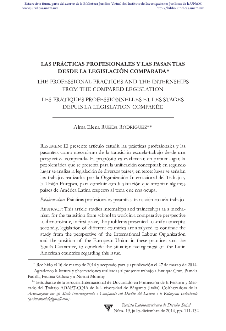 Las prácticas profesionales y las pasantías desde la legislación comparada*