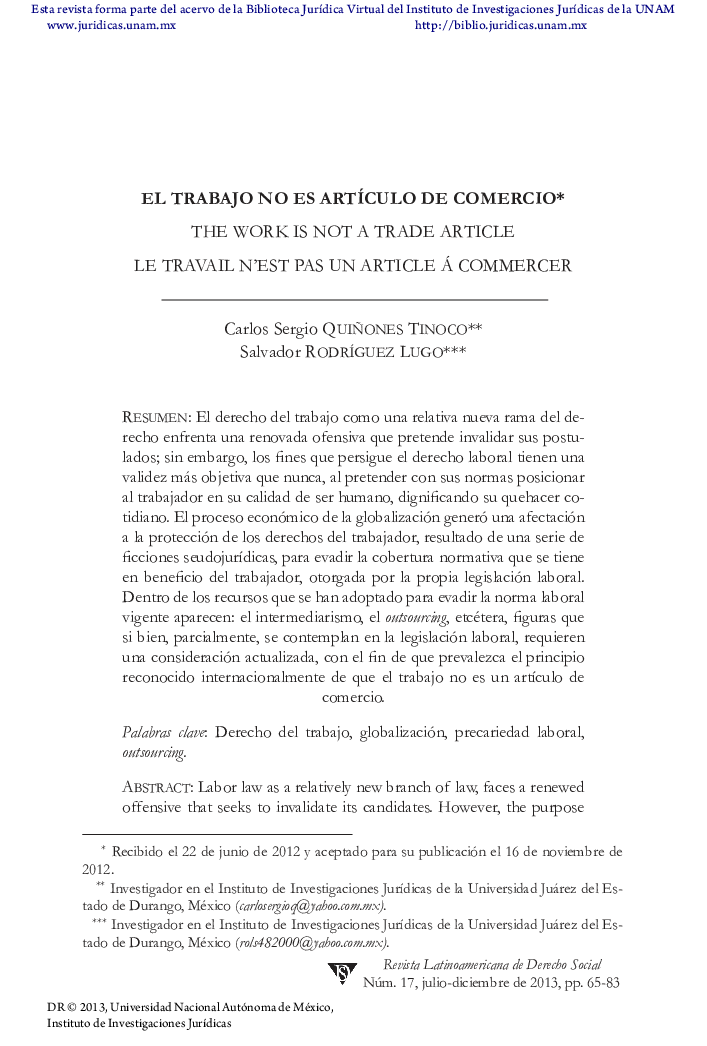 El trabajo no es artículo de comercio