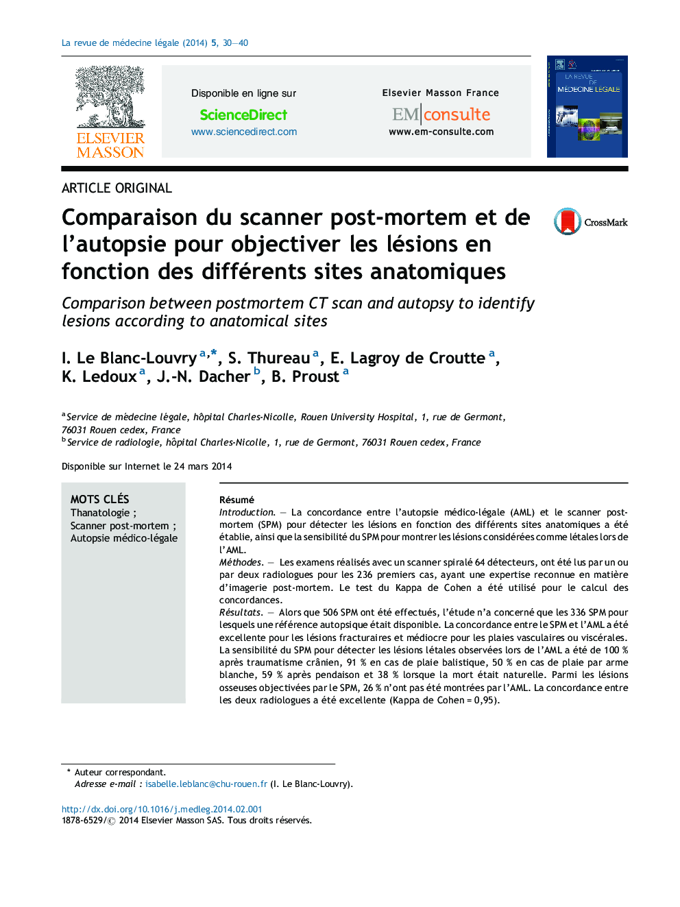 Comparaison du scanner post-mortem et de l'autopsie pour objectiver les lésions en fonction des différents sites anatomiques