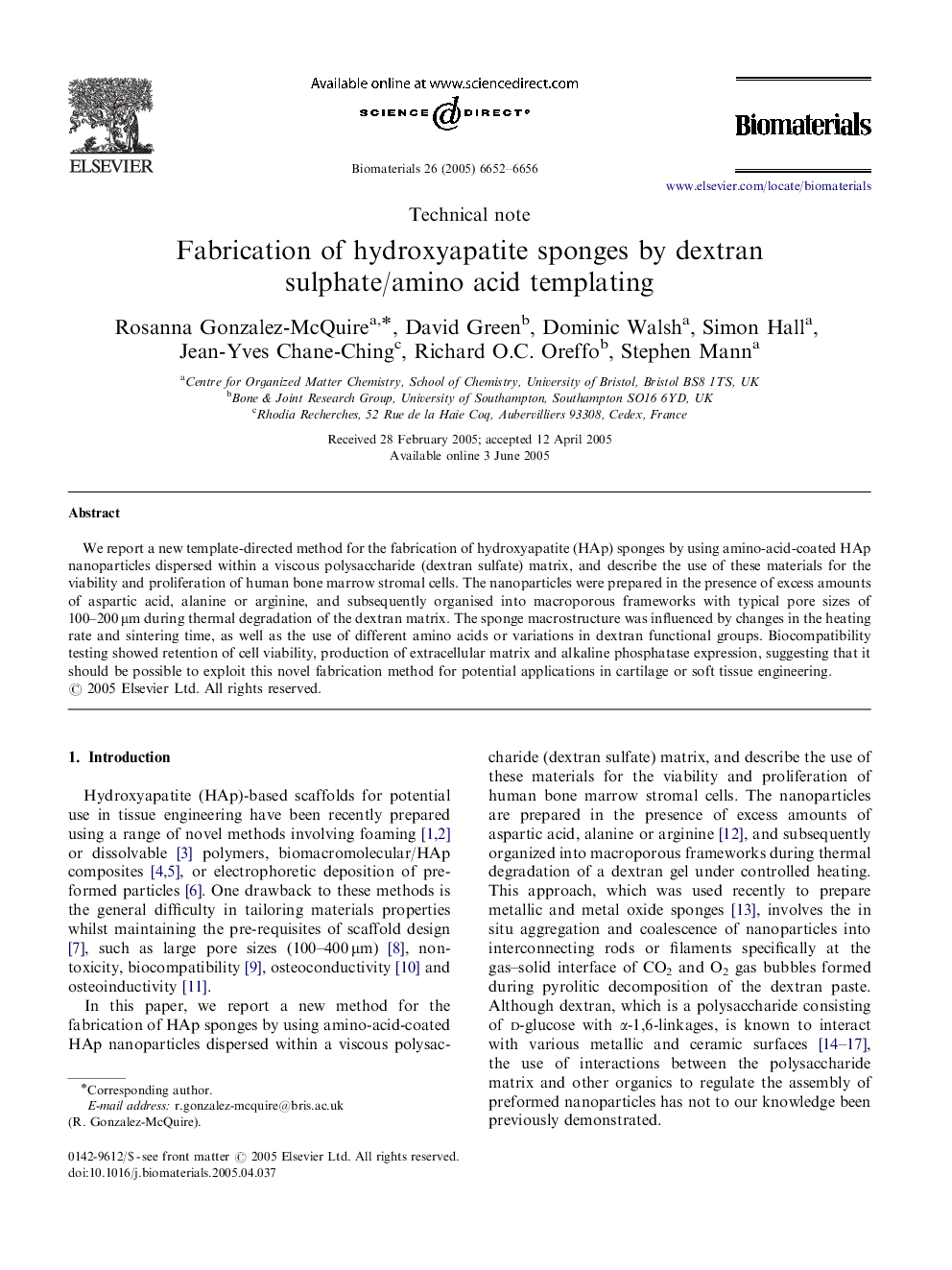 Fabrication of hydroxyapatite sponges by dextran sulphate/amino acid templating