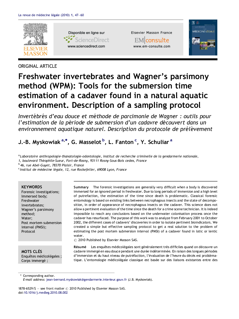 Freshwater invertebrates and Wagner's parsimony method (WPM): Tools for the submersion time estimation of a cadaver found in a natural aquatic environment. Description of a sampling protocol