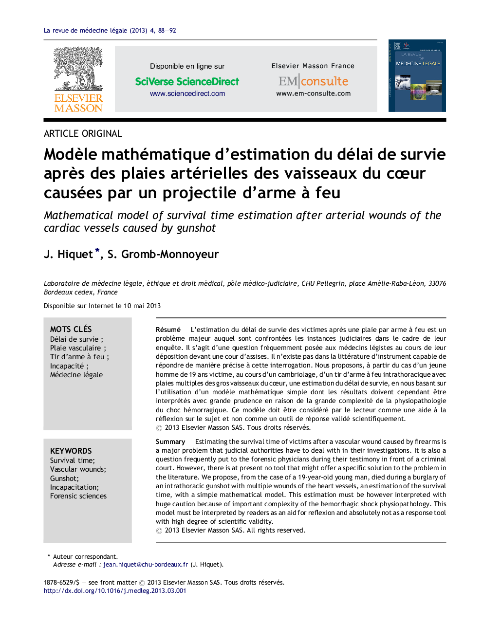 ModÃ¨le mathématique d'estimation du délai de survie aprÃ¨s des plaies artérielles des vaisseaux du cÅur causées par un projectile d'arme Ã  feu