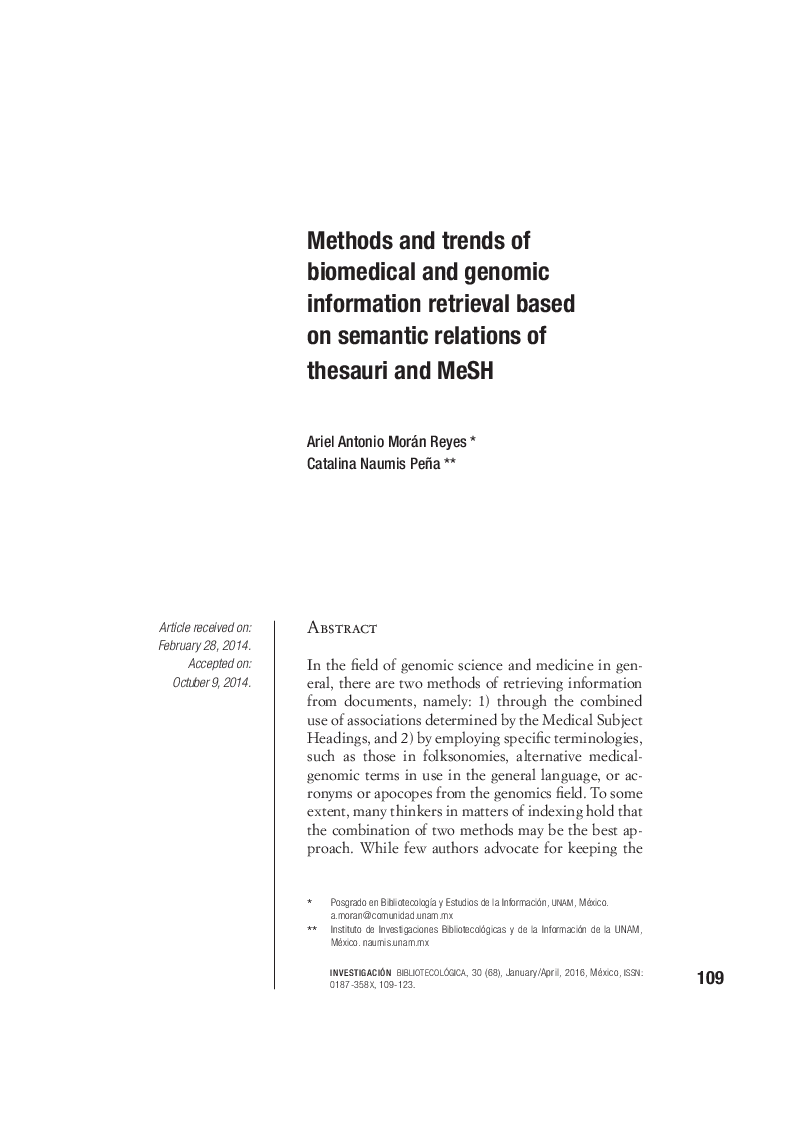 Methods and trends of biomedical and genomic information retrieval based on semantic relations of thesauri and MeSH