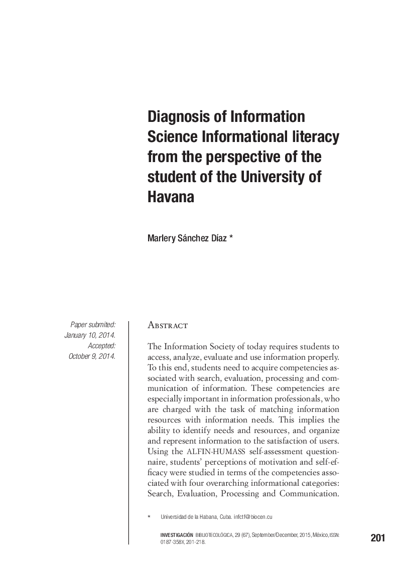 Diagnosis of Information Science Informational literacy from the perspective of the student of the University of Havana