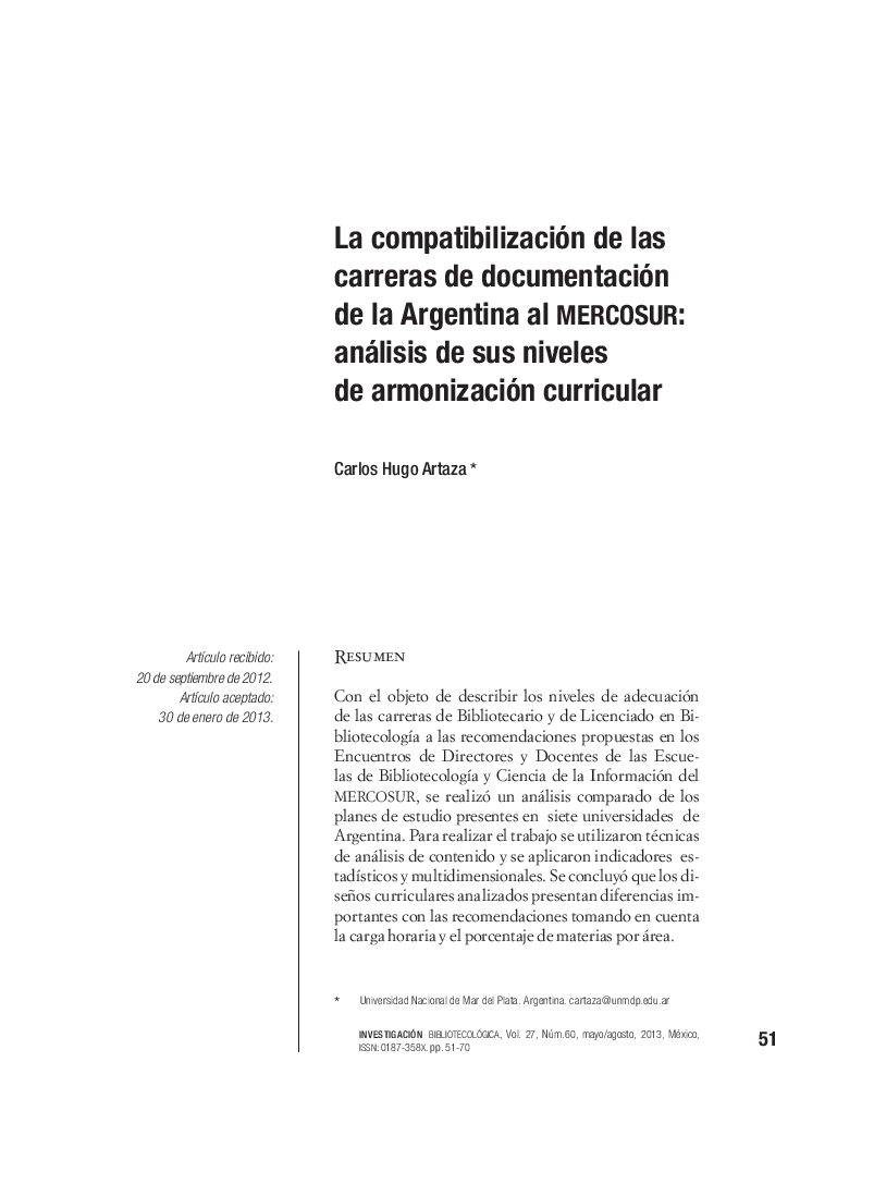 La compatibilización de las carreras de documentación de la Argentina al mercosur: análisis de sus niveles de armonización curricular