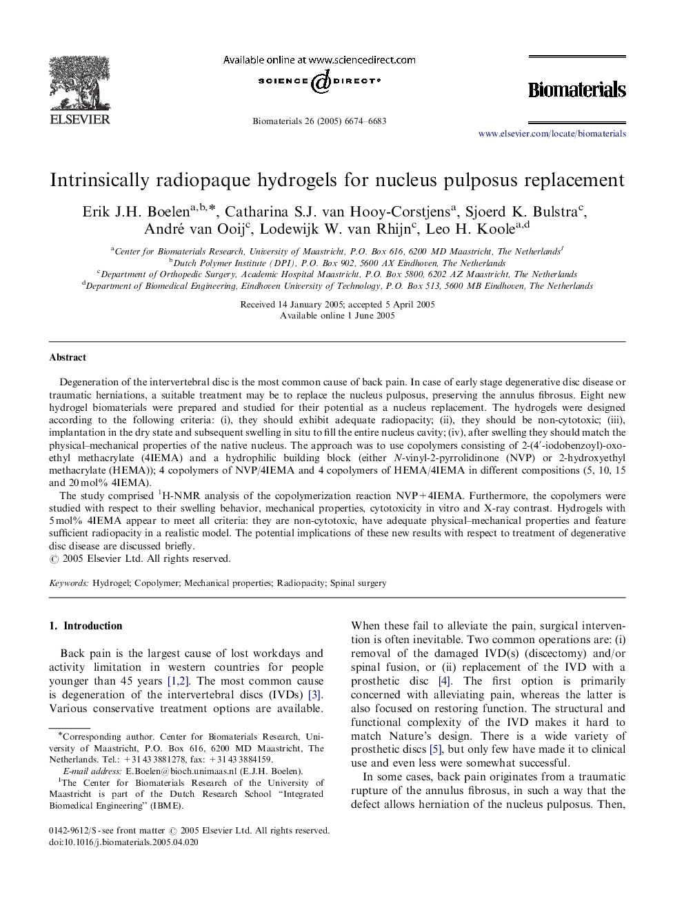 Intrinsically radiopaque hydrogels for nucleus pulposus replacement