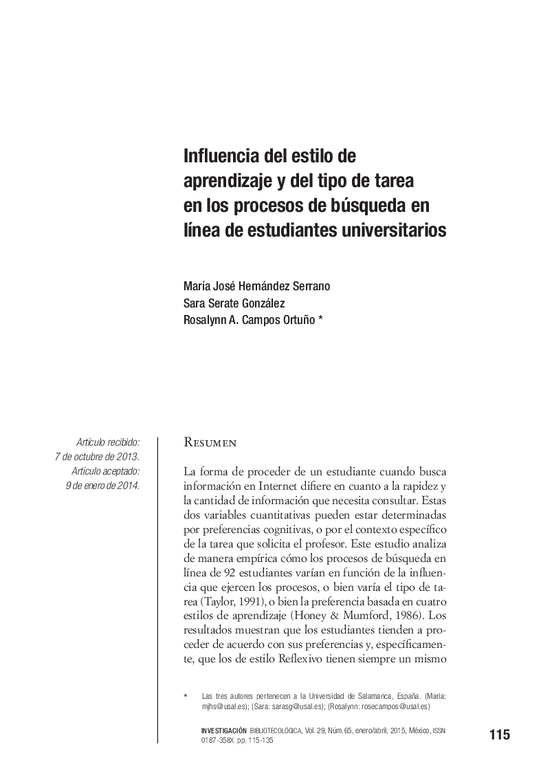 Influencia del estilo de aprendizaje y del tipo de tarea en los procesos de búsqueda en línea de estudiantes universitarios