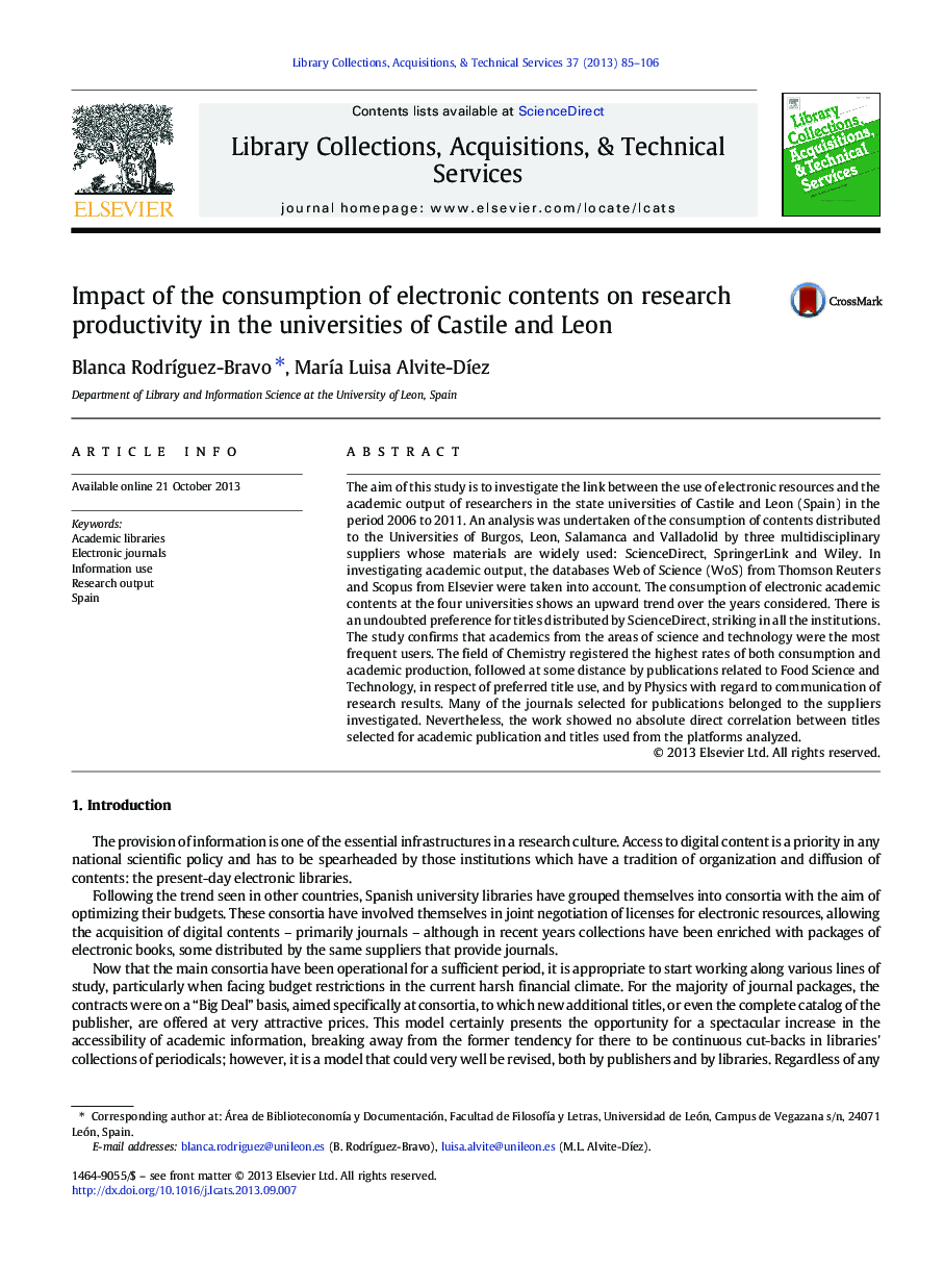 Impact of the consumption of electronic contents on research productivity in the universities of Castile and Leon